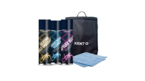 KENT Carepack 4 met siliconen riemverzorging, microvezeldoek, aandrijflijnreiniger, spraywax en KENT-tas.